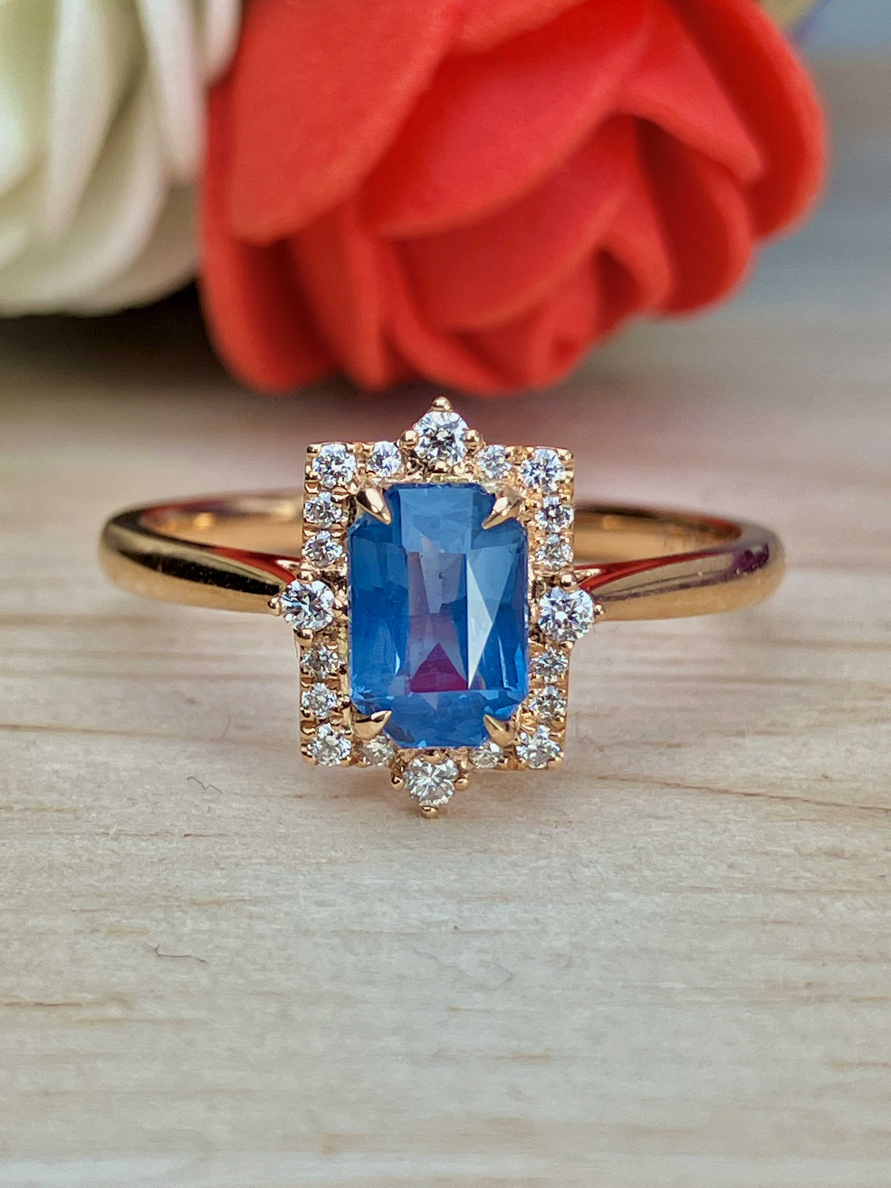 18K Rose Gold Emerald-Cut Blue Spinel & Diamond Ring - 0.79 Carats