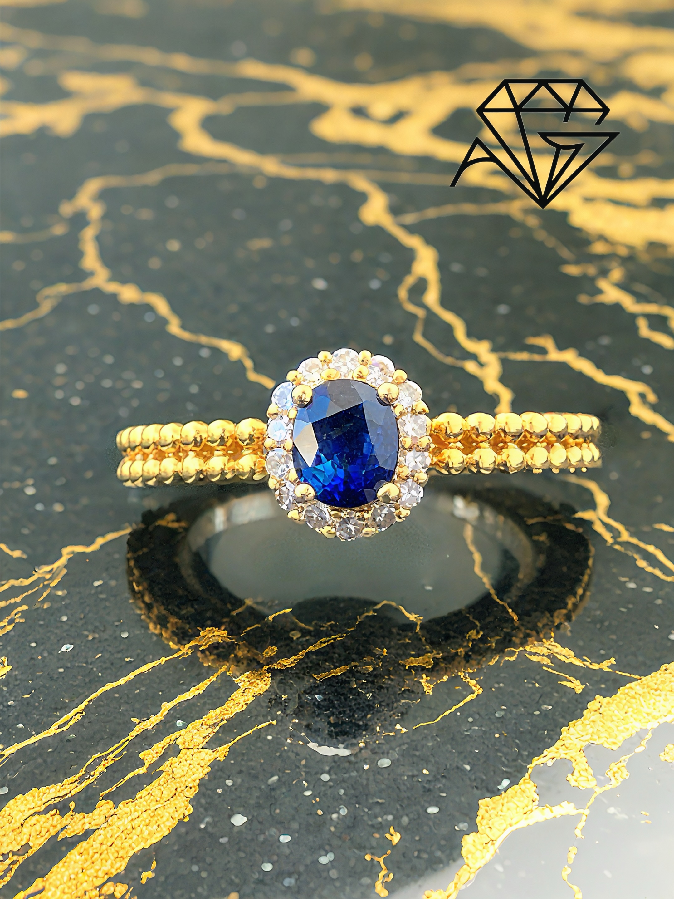 18K Yellow Gold Oval-Shaped Blue Sapphire & Diamond Ring â€“ 0.62 Carats